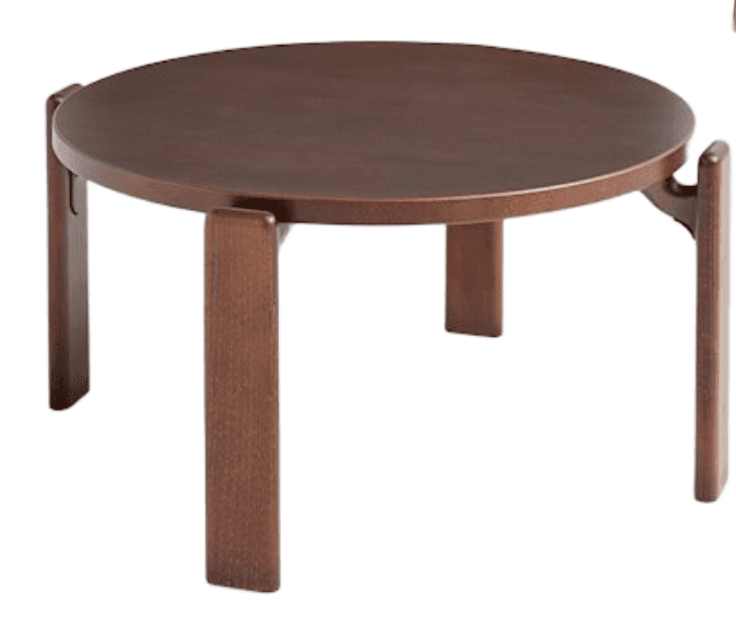 A low, round table made of dark brown stained wood, featuring a circular top and four sturdy, integrated legs with a minimalist design. — 3D model