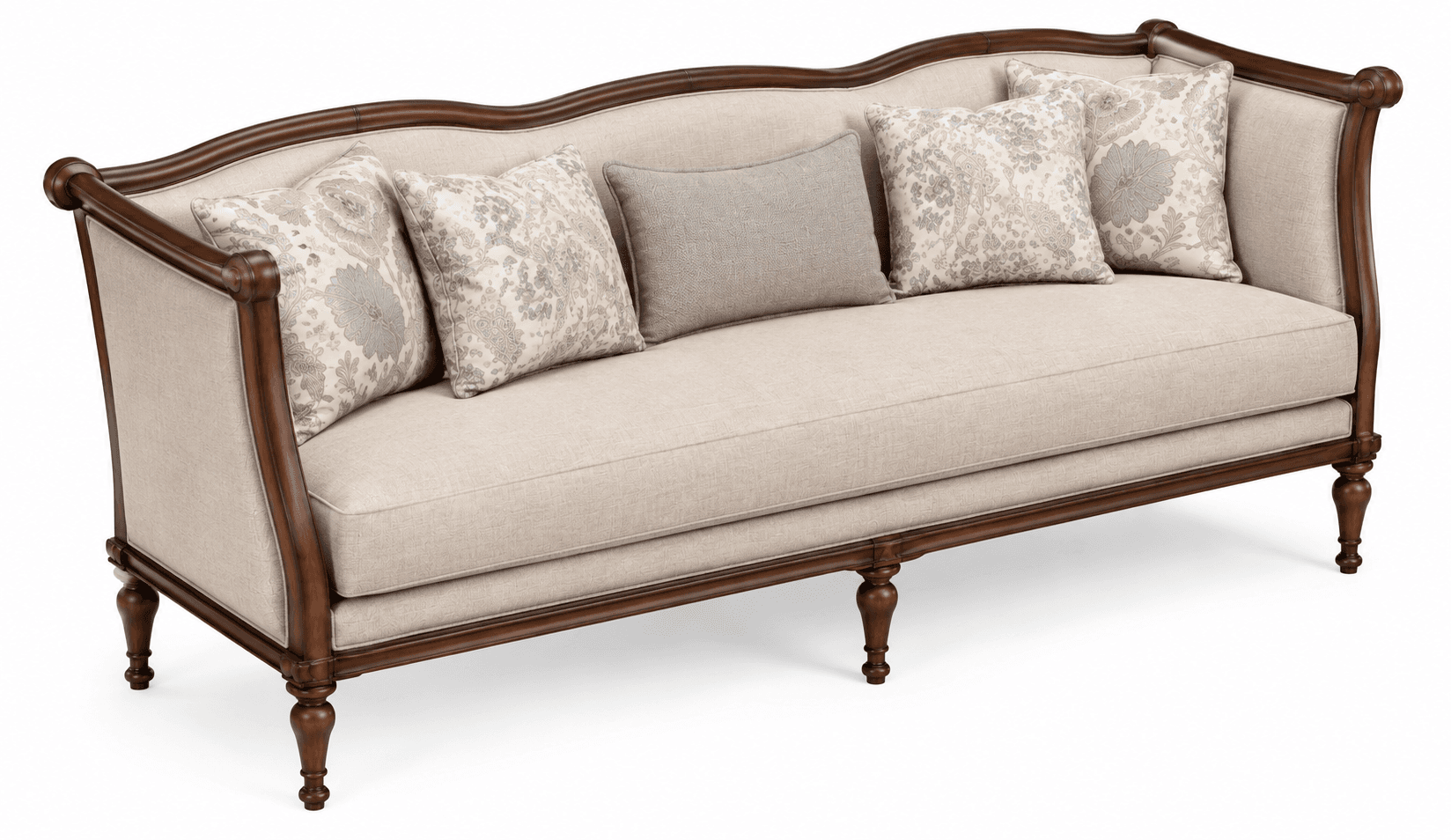 A traditional style sofa featuring an exposed dark wood frame with elegant curves and turned legs, upholstered in a light beige fabric, and accompanied by decorative throw pillows. — 3D model