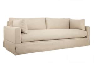 A three-seater sofa with a skirted base and loose back cushions. The sofa has square arms and appear… — free GLTF 3D model