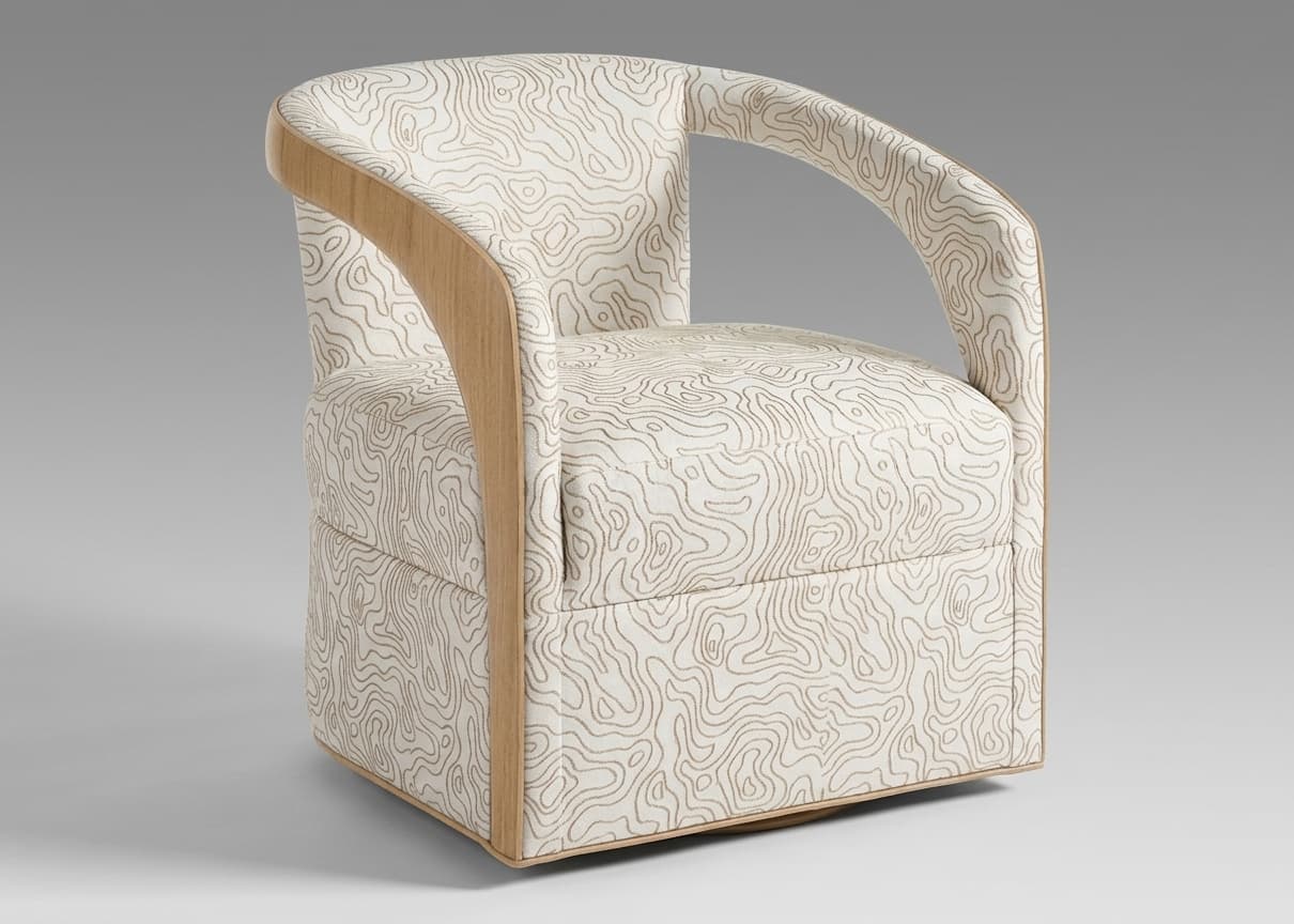 A modern barrel-shaped swivel chair featuring cream-colored upholstery with a light brown topographic map-like pattern. The chair has a rounded back and integrated arms, outlined by exposed light-toned wood trim. The base is concealed by the upholstery, suggesting a hidden swivel mechanism. — 3D model