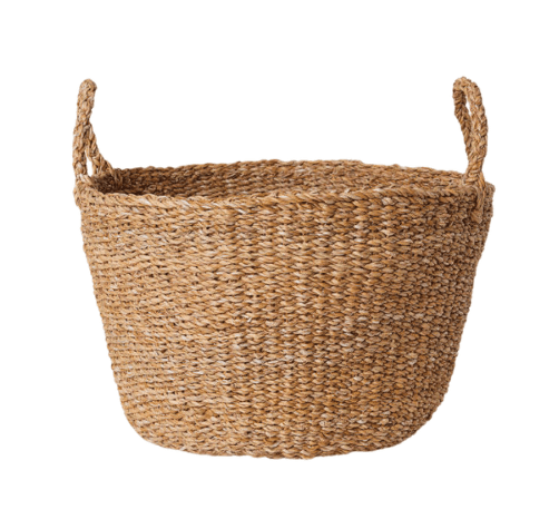 A medium-sized, oval-shaped basket constructed from woven natural fibers. It features two integrated… — 3D model