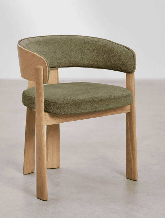 A contemporary armchair featuring a curved, upholstered backrest and seat in a textured, olive-green… — 3D model