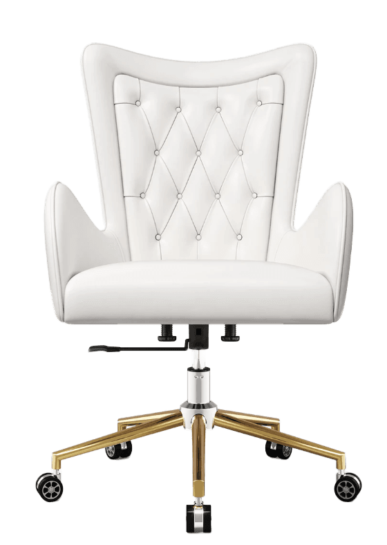 A white tufted desk chair with a high back and armrests, featuring a chrome and gold five-star base with casters. The seat and back are upholstered and appear to be button-tufted in a diamond pattern. It has a lever mechanism for height adjustment. — 3D model