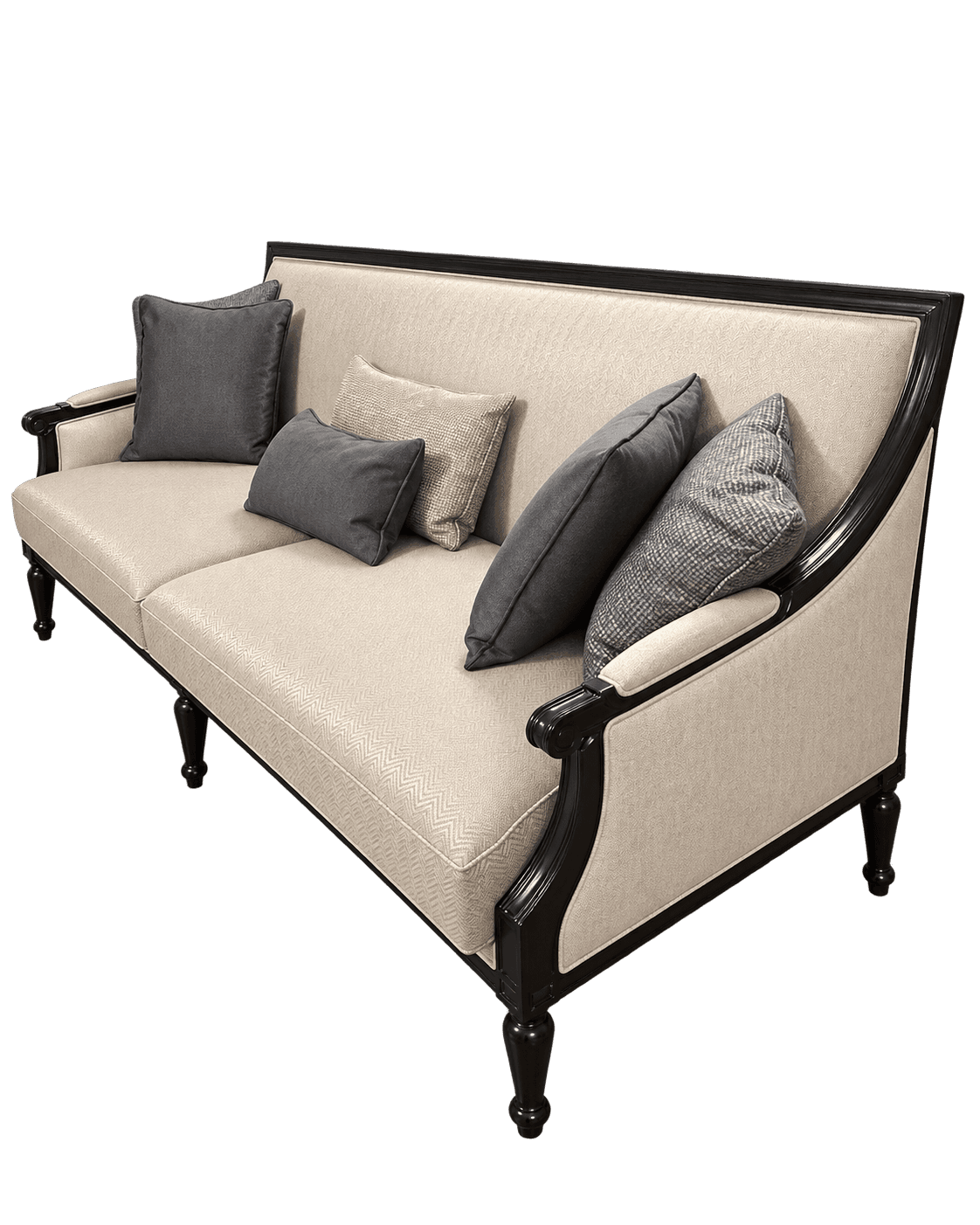 A classic three-seater sofa featuring an exposed dark wood frame with ornate carvings, light-colored… — 3D model