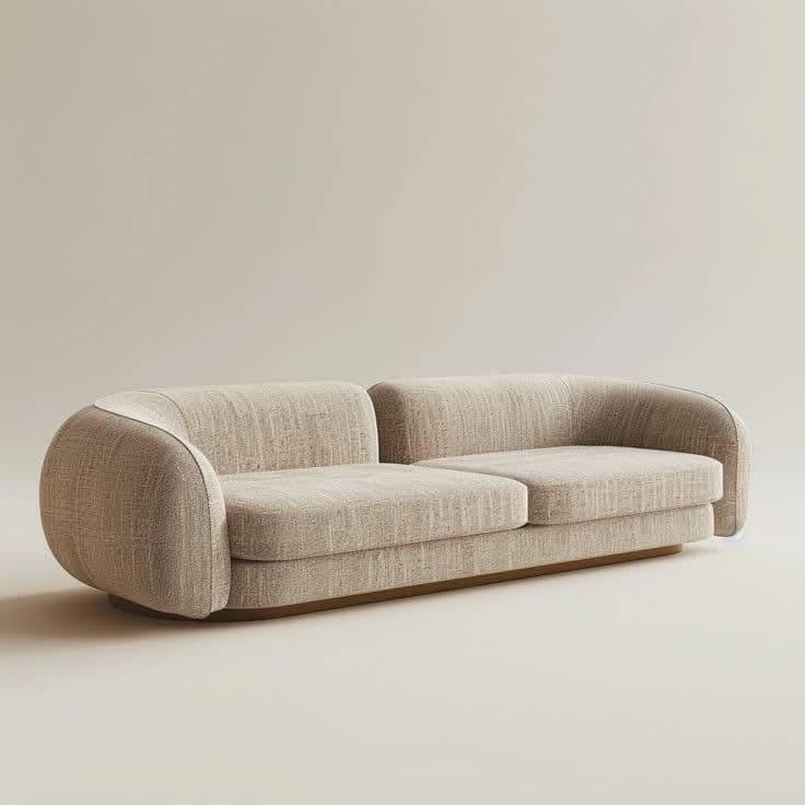 A modern two-seater sofa featuring a distinctive design with continuously curved arms and backrest. It is upholstered in a light beige or oatmeal textured fabric. The sofa includes two separate seat cushions and sits on a low, recessed plinth base, giving it a floating appearance. The overall aesthetic is minimalist and contemporary. — 3D model