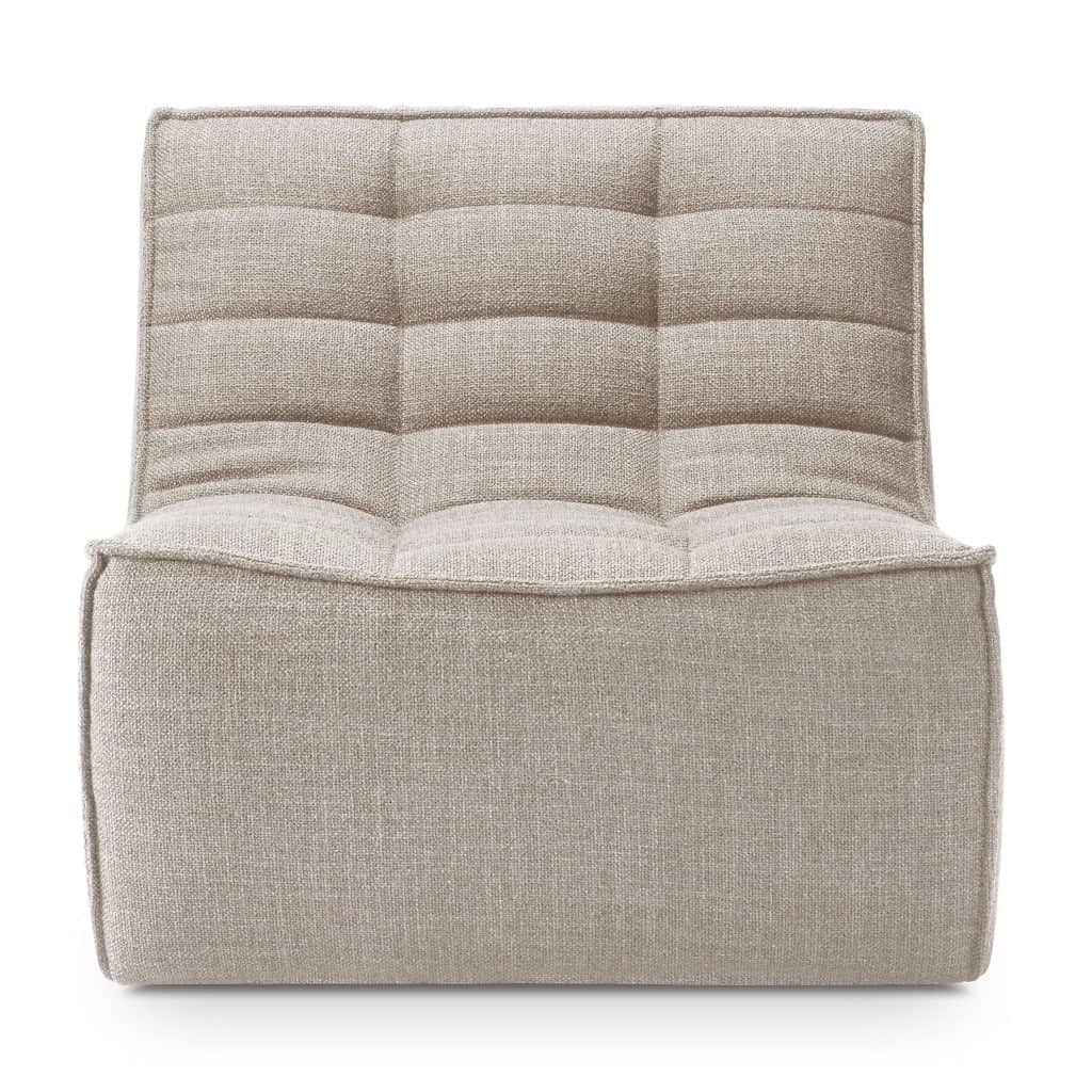 A low-profile, modular lounge chair element upholstered in a light beige textured fabric, featuring… — 3D model