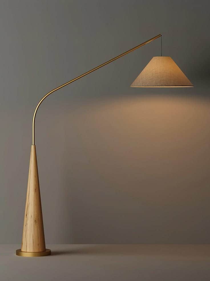 A modern arched floor lamp featuring a prominent tapered conical wooden base, a slender brass-finish… — free GLTF 3D model