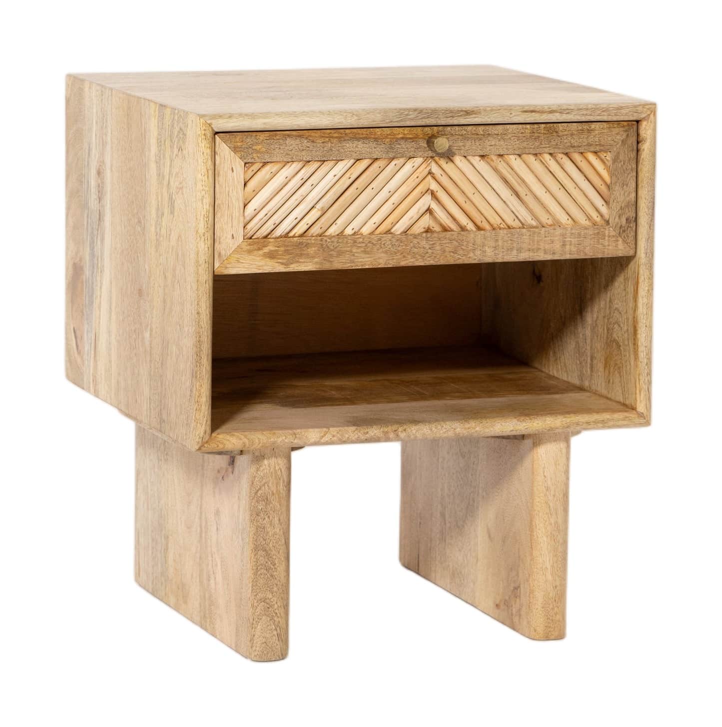 A compact wooden nightstand featuring a single drawer with a decorative reeded chevron pattern on it… — 3D model