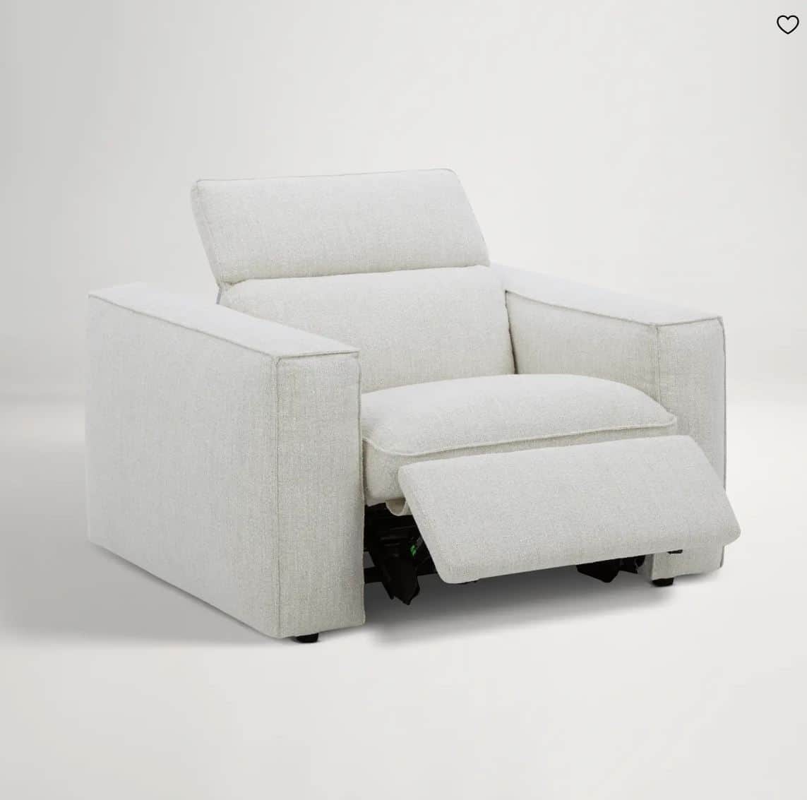 A contemporary upholstered recliner chair with a light beige, textured fabric. The chair features a… — 3D model
