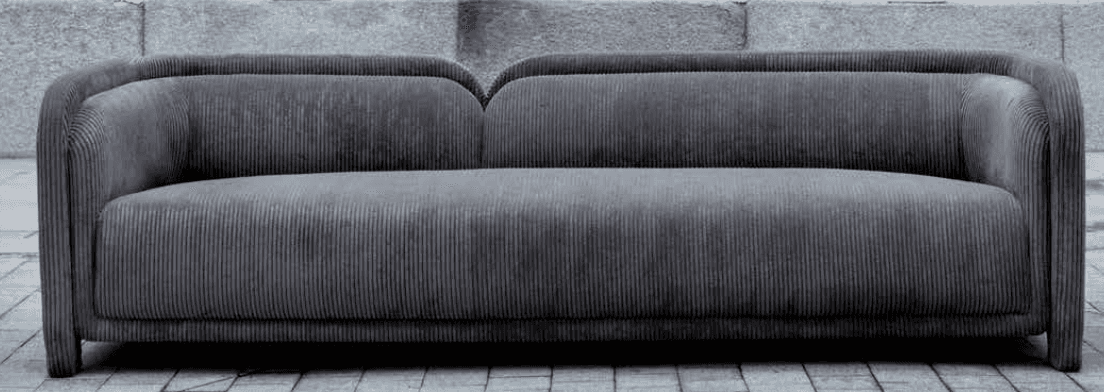 A contemporary sofa upholstered in a dark charcoal grey ribbed fabric, featuring soft, rounded arms… — 3D model