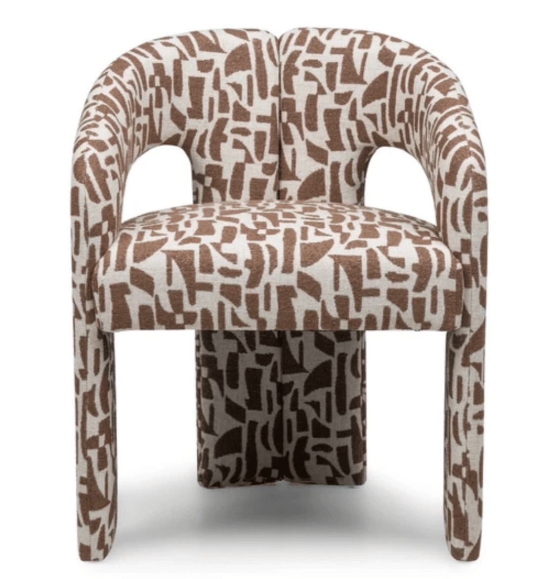 A fully upholstered armchair featuring a continuous, curved barrel-shaped backrest and integrated armrests. The chair is covered in a fabric with a distinctive brown and white abstract geometric pattern. Its base and legs are also upholstered, giving it a monolithic and sculptural appearance. — 3D model