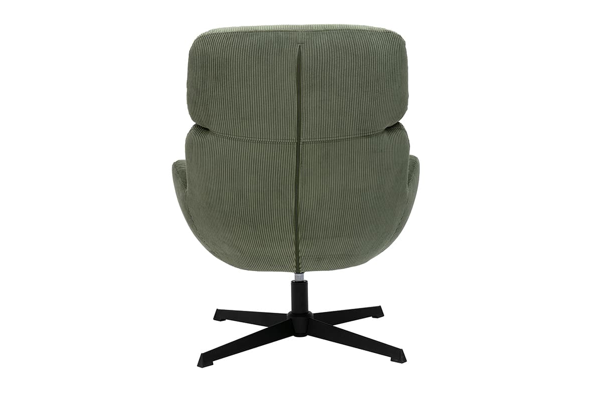 A modern armchair upholstered in green corduroy fabric. It features a high backrest that is divided into two sections, with the upper section slightly wider than the lower. The seat curves around to form integrated armrests. The chair is mounted on a black, five-star pedestal base with a central column, suggesting it may swivel. — 3D model