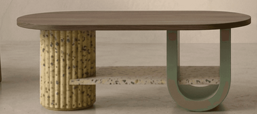 A contemporary coffee table featuring an oval dark wood top, a fluted cylindrical support made of te… — free SKP 3D model