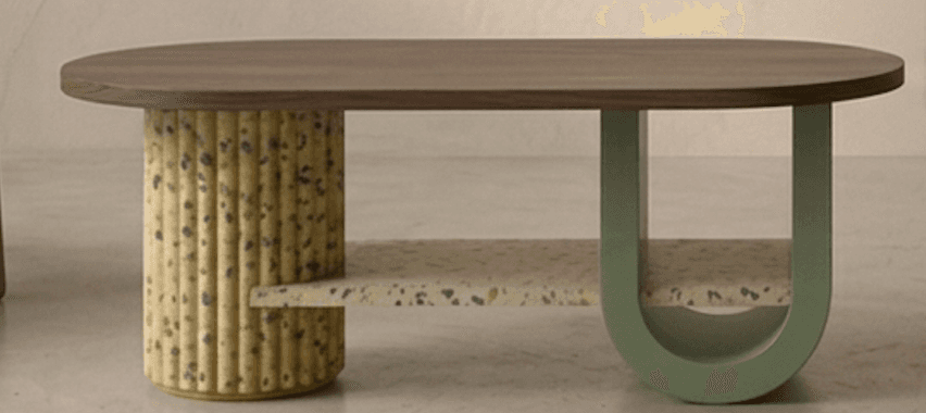 A contemporary coffee table featuring an oval dark wood top, a fluted cylindrical support made of terrazzo, and a sage-green arched support framing a lower terrazzo shelf. — 3D model