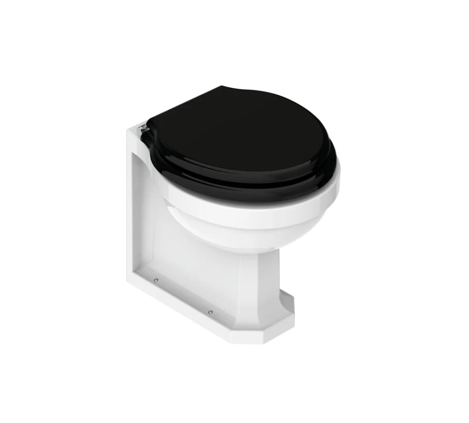 A contemporary wall-hung toilet featuring a white ceramic bowl and a contrasting black toilet seat and lid. The design is compact and space-saving, intended for installation directly onto a wall, leaving the floor clear beneath it. — 3D model