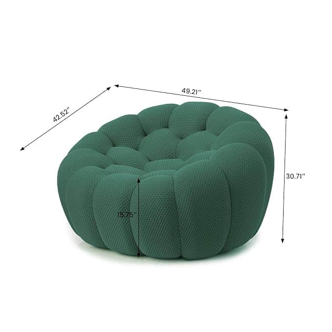 A dark green, round, deeply tufted upholstered ottoman with a distinctive bubble or modular design,… — free OBJ 3D model