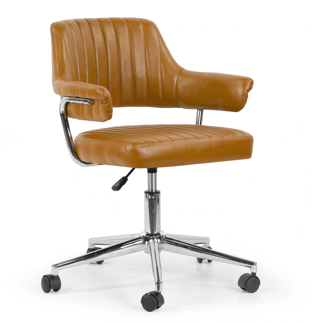 A tan leatherette swivel office chair featuring channel tufting on the seat and backrest, and integr… — 3D model