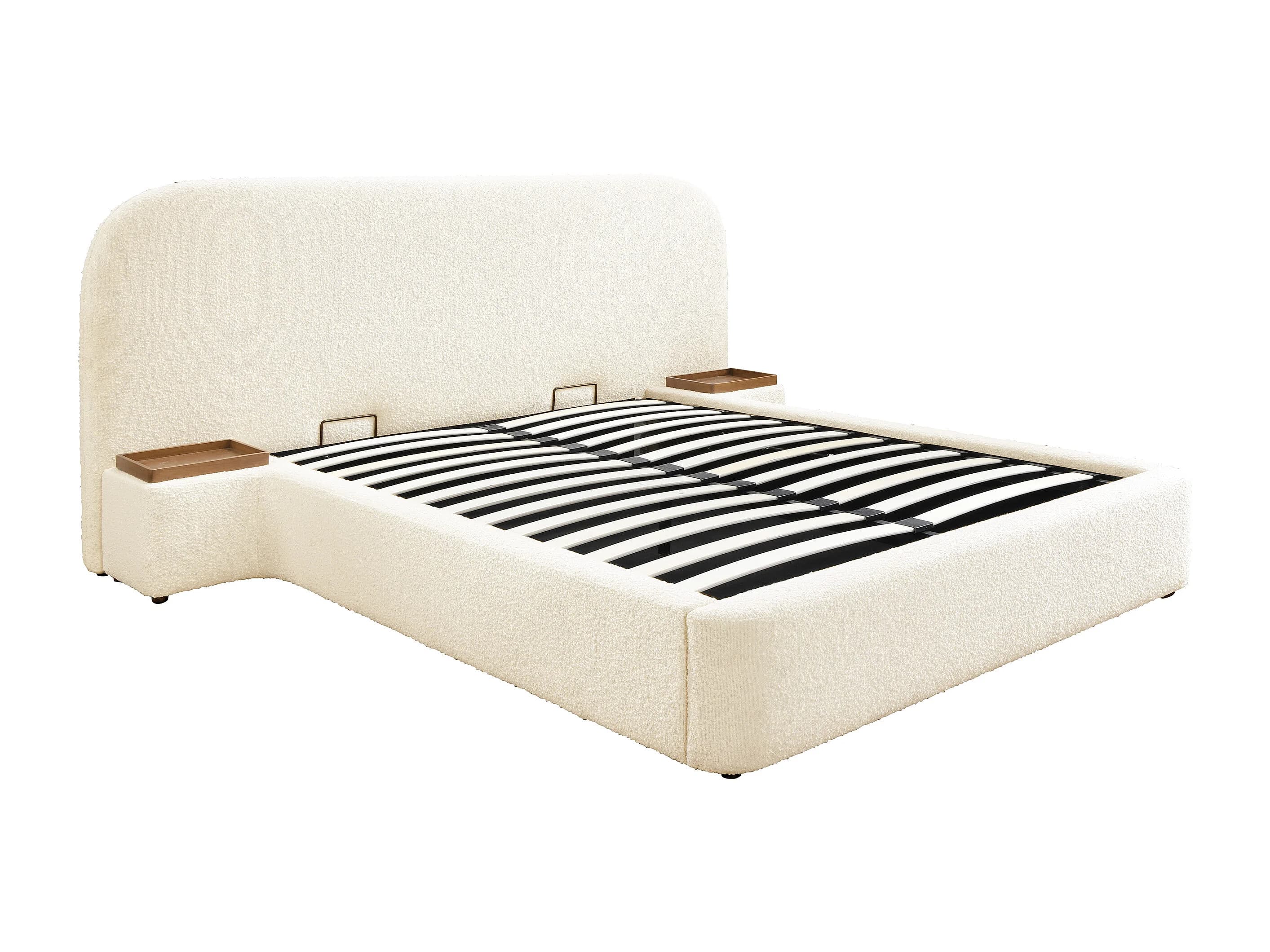A modern platform bed featuring a soft boucle upholstery in a cream color, with a rounded, curved headboard and frame. The headboard is designed with integrated side tables on either side, each topped with a small, light brown wooden tray. The bed frame encloses a slatted support system for a mattress, indicating a platform-style bed that does not require a box spring. The overall aesthetic is minimalist and contemporary. — 3D model