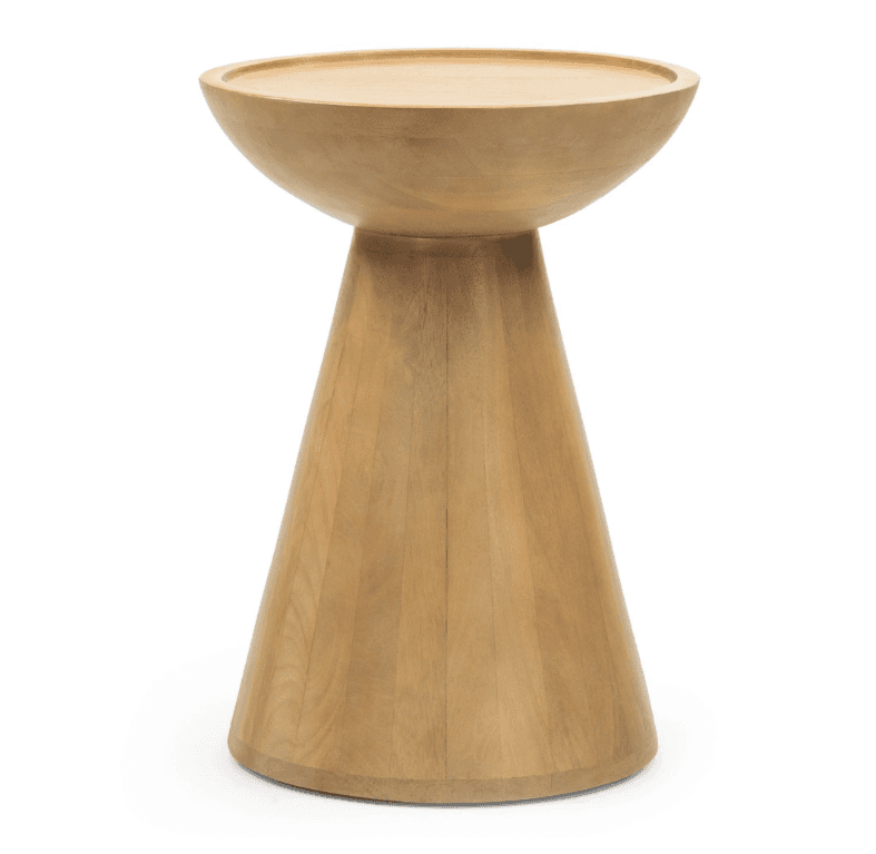 A light-toned wooden pedestal table with a round, bowl-shaped top and a tapering conical base, prese… — 3D model