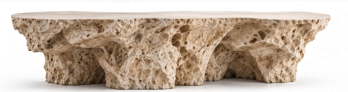 A long, low coffee table crafted from light beige travertine, featuring a highly textured and porous… — free STL 3D model