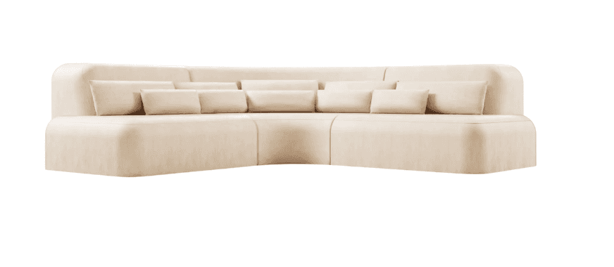 A large, cream-colored sectional sofa with rounded edges and multiple throw pillows. The sofa appear… — 3D model