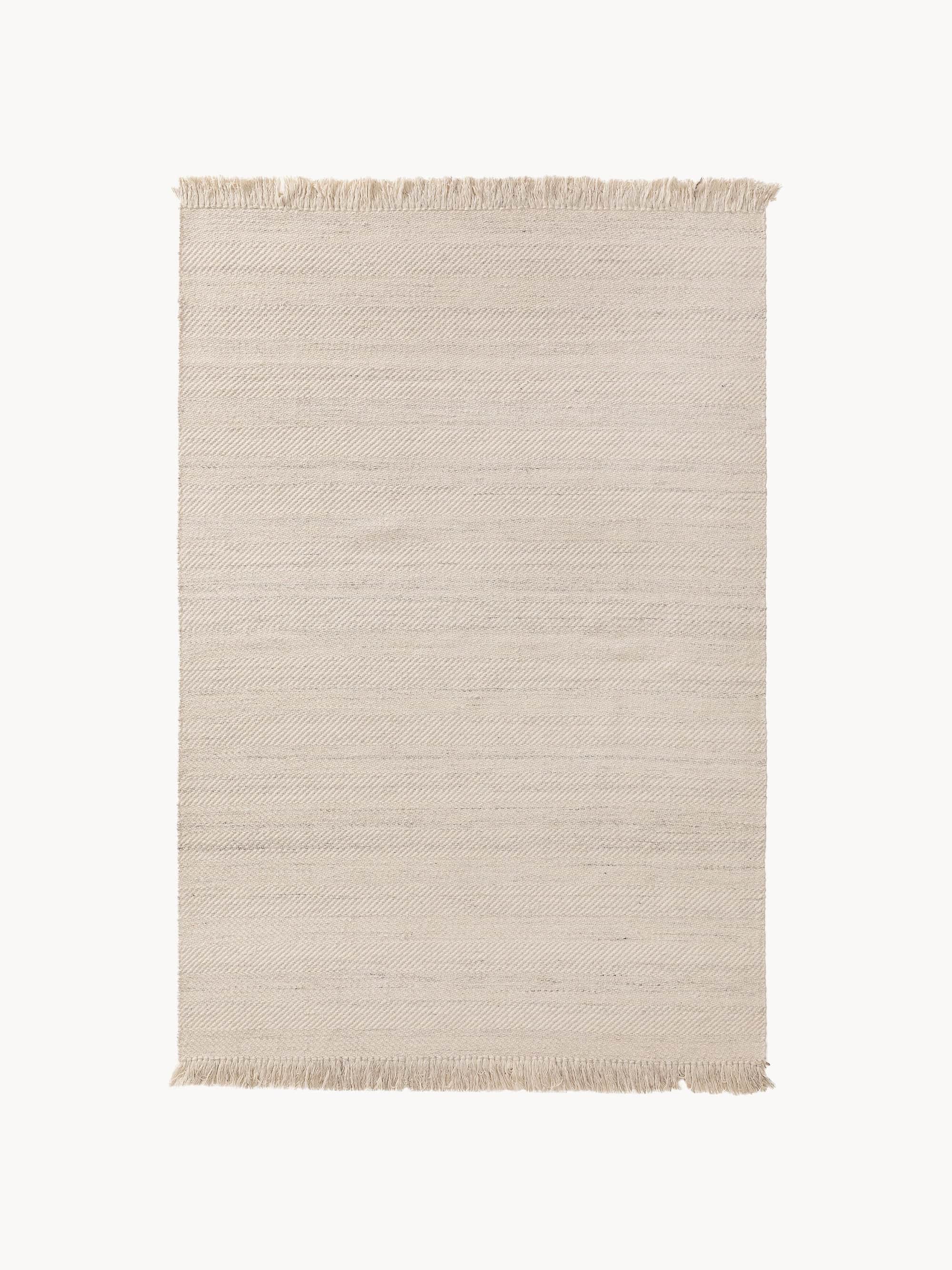A rectangular area rug in a light, neutral off-white or ecru color, featuring a subtly textured wove… — 3D model