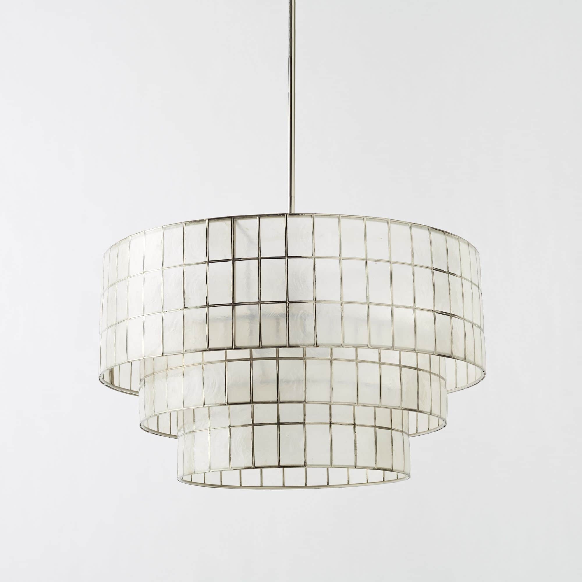 A tiered chandelier featuring a metal frame with a brushed nickel finish, supporting three cylindric… — 3D model