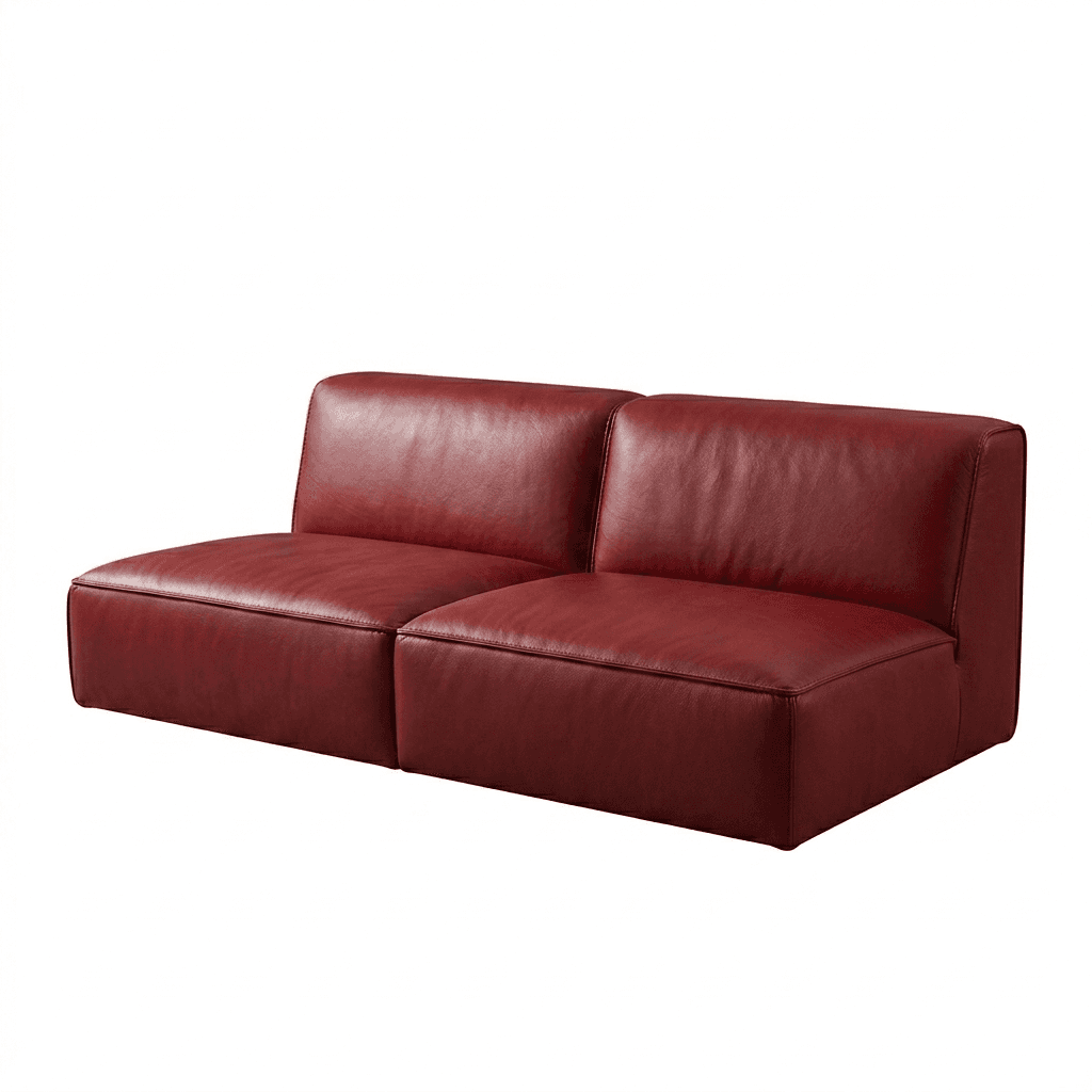 A modern, armless two-seater sofa upholstered in a rich, dark red leather. The sofa features clean l… — free OBJ 3D model