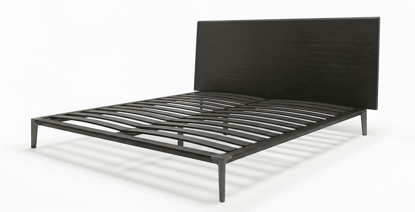 A modern platform bed frame featuring a minimalist design, constructed from dark-stained wood with a… — free STL 3D model