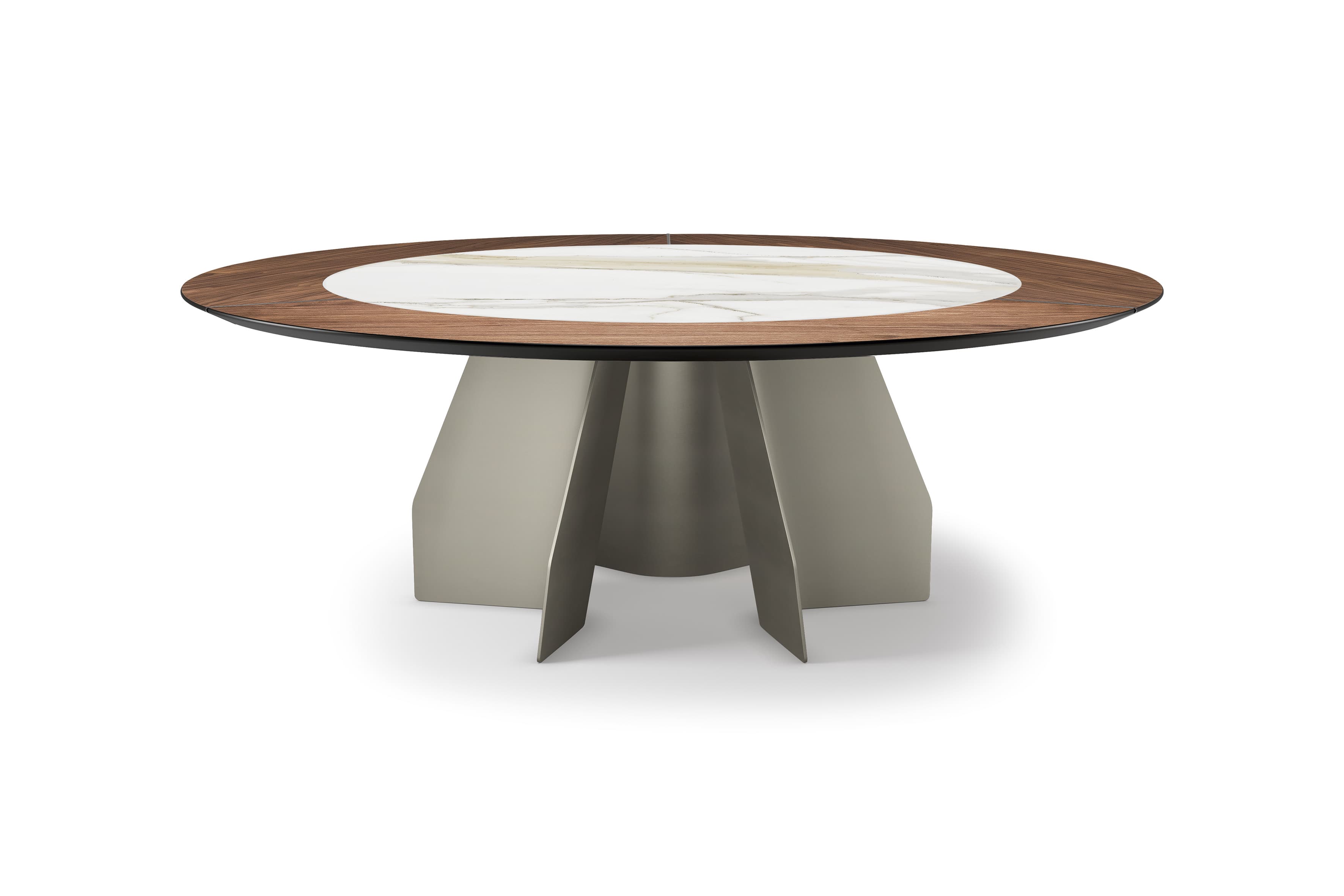 A modern dining table with a circular top featuring a central marble inlay surrounded by a dark wood veneer rim. The base is constructed from sculpted metal panels, creating an abstract, pedestal-like structure with intersecting planes. — 3D model