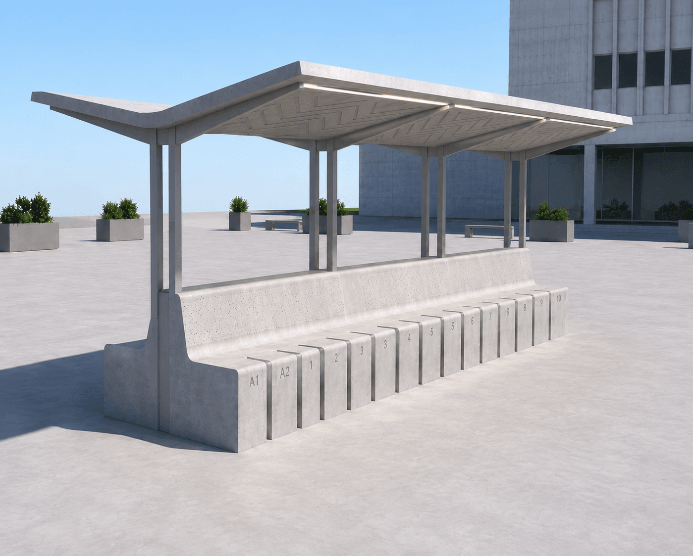 A long, minimalist public seating unit constructed primarily from precast concrete, featuring an integrated backrest and a cantilevered concrete canopy. The seating surface is subtly divided into individual sections, some of which are marked with alphanumeric identifiers 'A1', 'A2' and numbers '1' through '10'. The canopy is supported by several slender, upright metal pillars. The overall design is modern and utilitarian, with a monochromatic gray finish. — 3D model