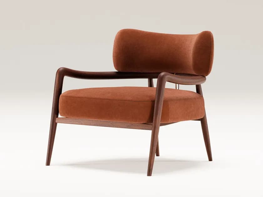 An armchair with a wooden frame and upholstered seat, back, and armrests. The frame features gently curved lines, particularly in the armrests and legs. The upholstery is a textured, rust-colored fabric. — 3D model