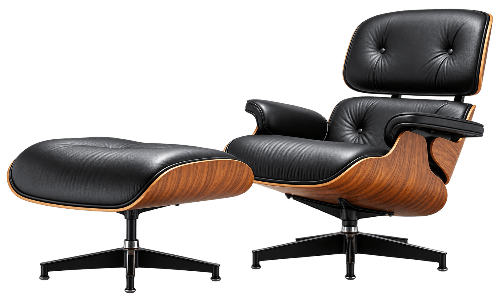 A classic Mid-Century Modern lounge chair featuring a black leather upholstered seat, backrest, and armrests, set within a molded plywood frame with a walnut veneer finish. It stands on a black five-star aluminum base with glides. — 3D model