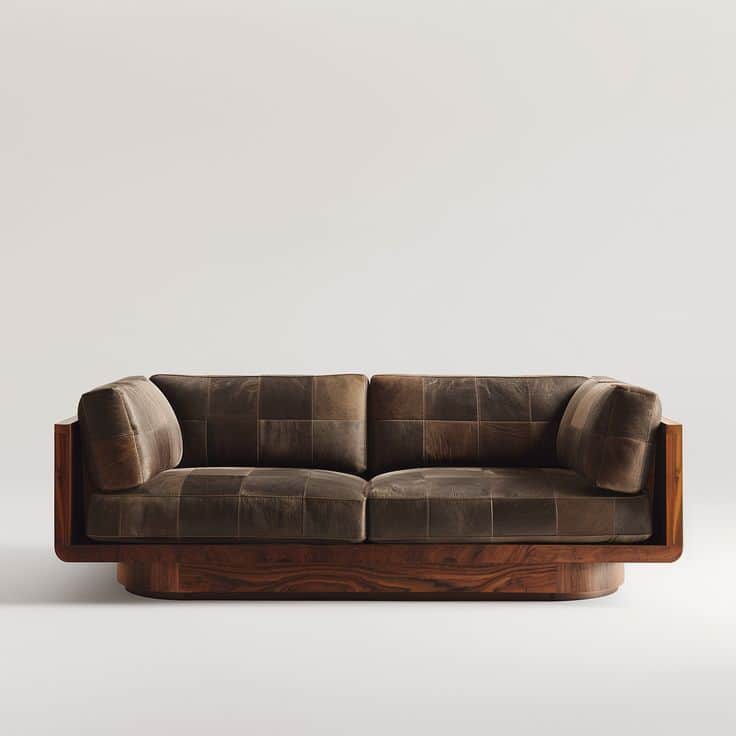 A contemporary two-seater sofa featuring a distinctive patchwork dark brown leather upholstery, inte… — free FBX 3D model