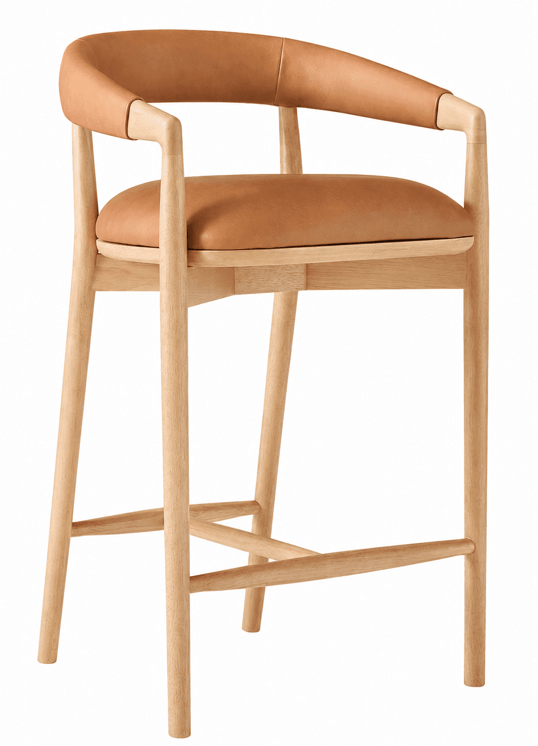 A contemporary bar stool featuring a light-toned wooden frame and tan leather upholstery on the seat… — 3D model