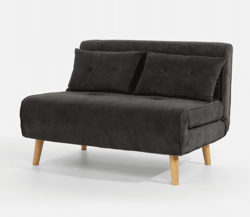 A dark gray, corduroy upholstered sofa bed with two decorative pillows. The sofa features a tufted b… — 3D model