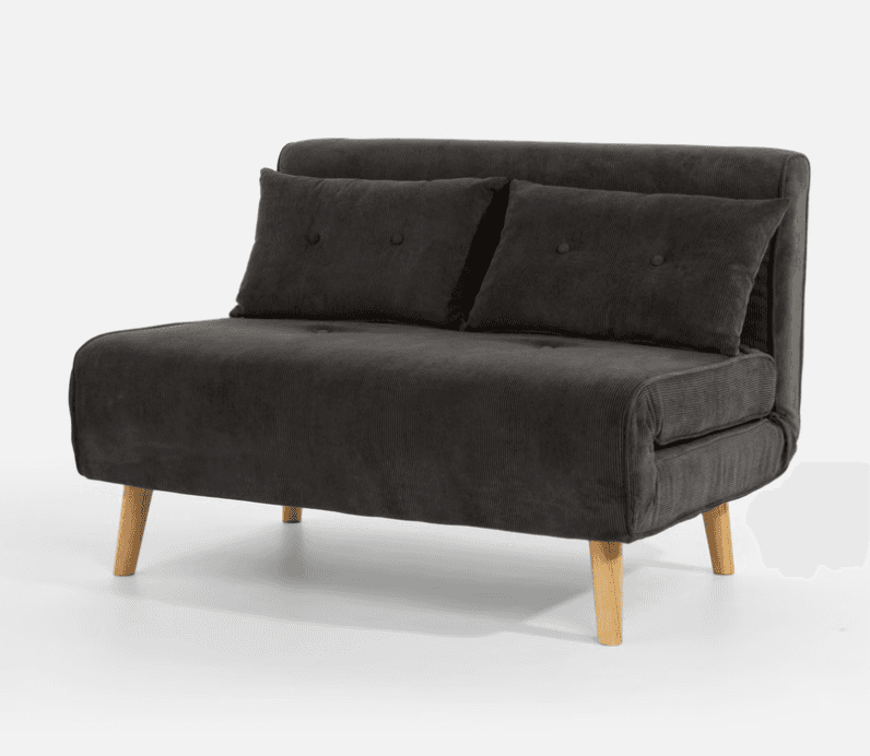 A dark gray, corduroy upholstered sofa bed with two decorative pillows. The sofa features a tufted backrest and seat, with simple wooden legs. Its design suggests it can be converted into a bed. — 3D model