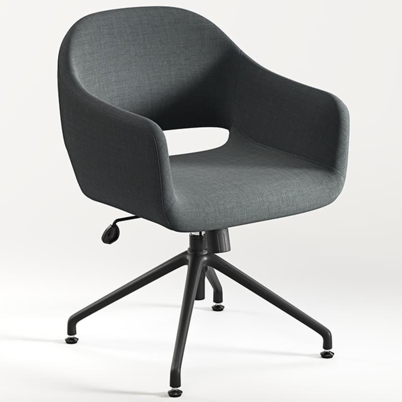 A modern office chair with a sculpted, upholstered seat and back, featuring integrated armrests and a five-star base with casters. The seat and back exhibit a slight curve for ergonomic support and have a distinctive open slot detail on the sides. The chair is mounted on a central pedestal with a height adjustment lever. — 3D model