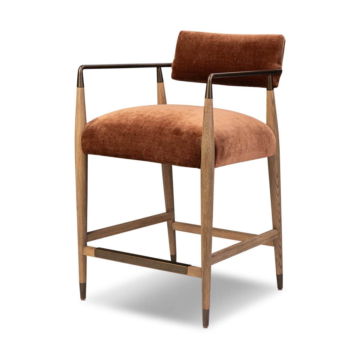 A modern bar stool featuring a wooden frame with a burnt orange velvet-like upholstered seat and bac… — 3D model