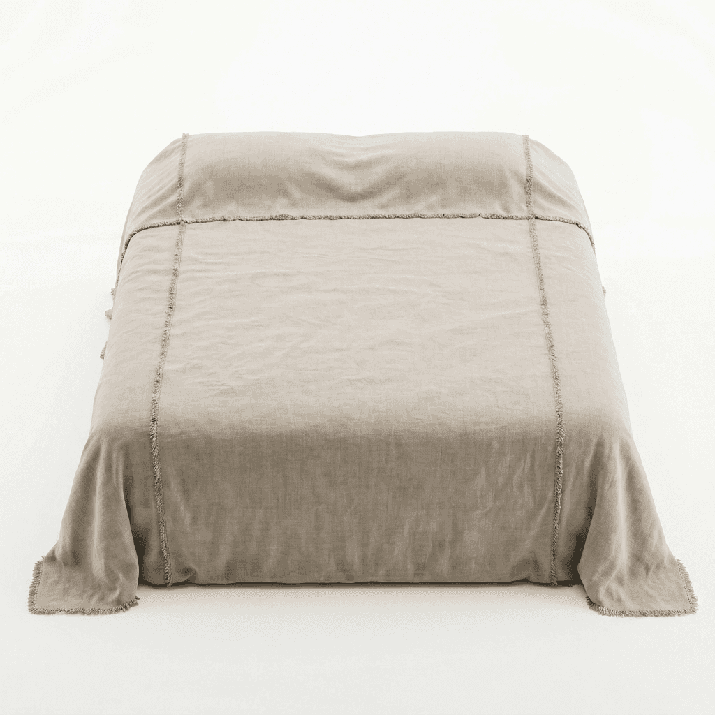 A bed with a taupe-colored duvet or comforter that appears to be made of linen. The bedding has a ra… — 3D model
