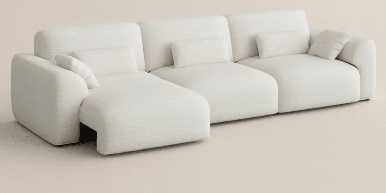 A modern, off-white modular sectional sofa with a right-hand facing chaise lounge, featuring soft, rounded contours and textured bouclé upholstery. — 3D model