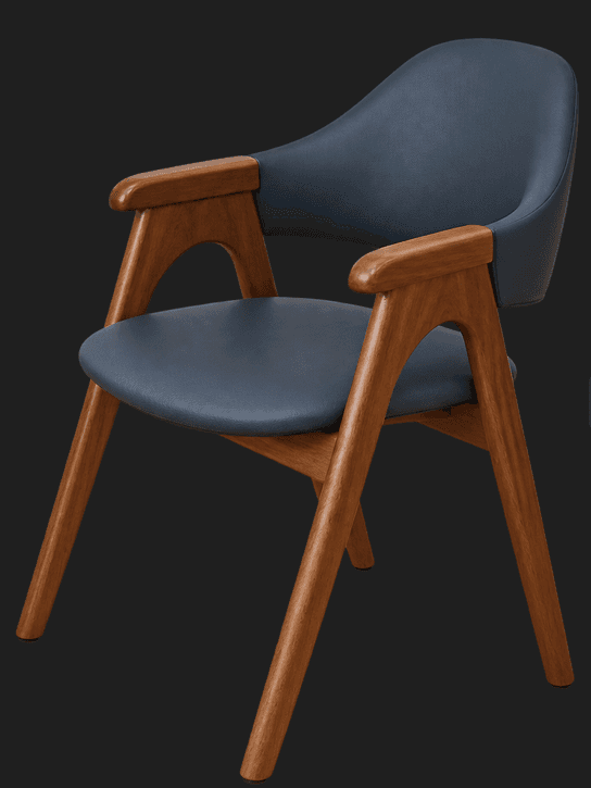 A contemporary armchair featuring a curved wooden frame with integrated armrests and a dark blue uph… — 3D model