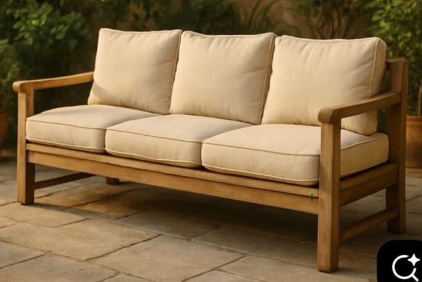 A modern three-seater outdoor sofa constructed from light-colored teak wood with thick, removable beige fabric cushions on both the seat and backrest. The frame features clean lines and wide, flat armrests. — 3D model