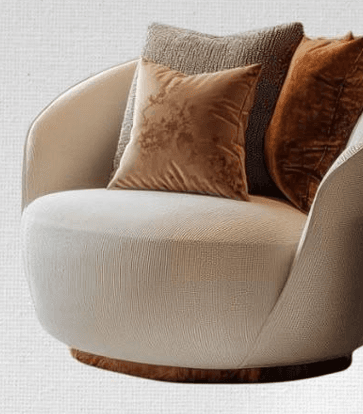 A contemporary lounge chair with a rounded, barrel-shaped silhouette, upholstered in a light-colored textured fabric, and featuring a circular wooden swivel base. It includes several decorative pillows in varying shades of brown and beige. — 3D model