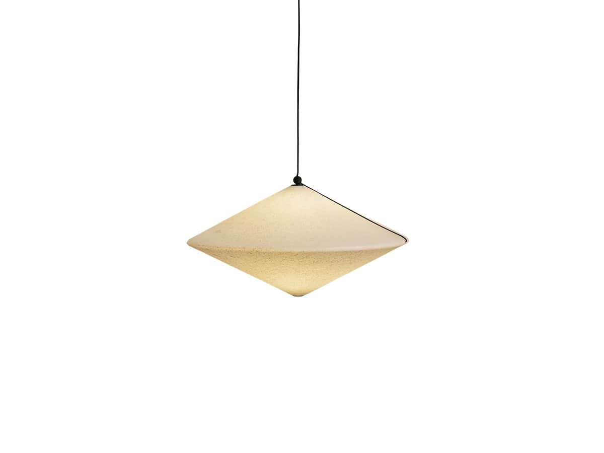A modern pendant light with a unique diamond-shaped, frosted or textured glass/acrylic shade, suspen… — free GLB 3D model