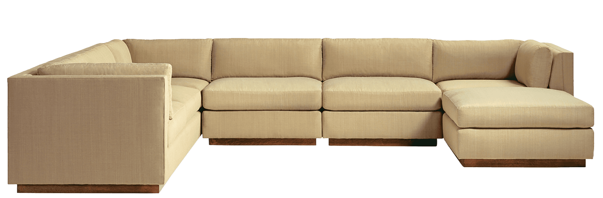 A large sectional sofa with a U-shaped configuration. It features multiple seating modules, including corner pieces and a chaise lounge extension. The sofa is upholstered in a textured, light brown or beige fabric and is supported by a dark wood base. — 3D model