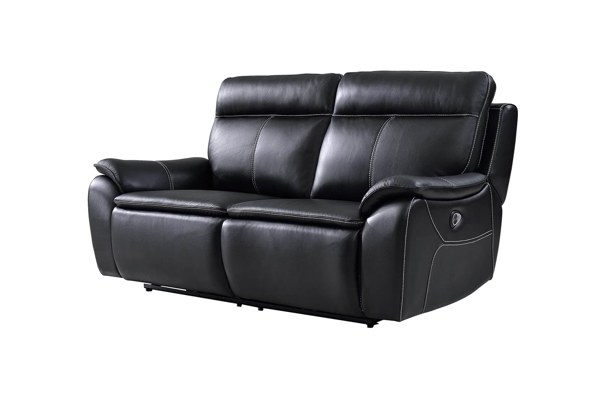 A two-seater reclining loveseat upholstered in black faux leather with visible white contrast stitch… — free GLB 3D model