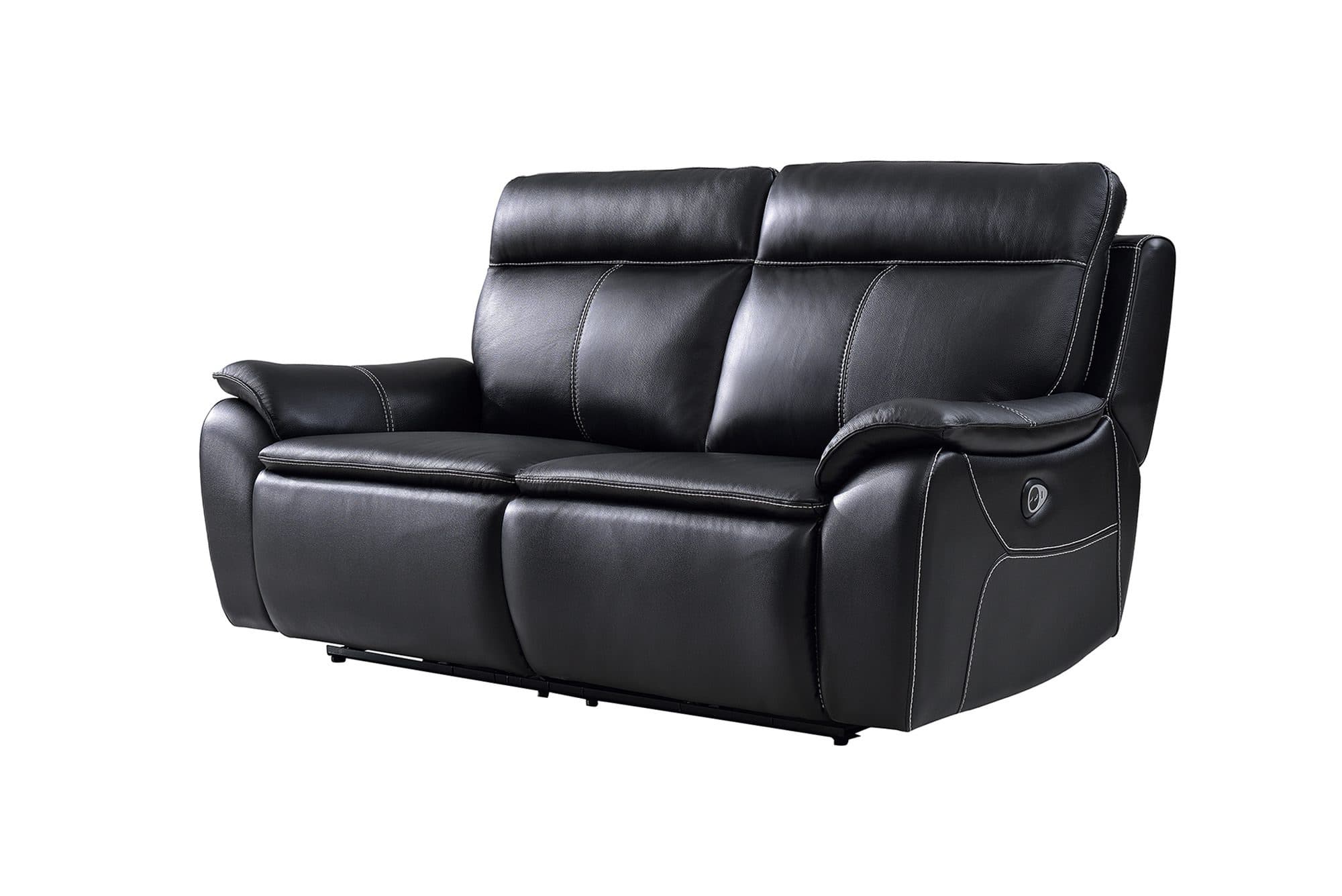 A two-seater reclining loveseat upholstered in black faux leather with visible white contrast stitching. It features padded armrests, backrests, and seat cushions. A control button for the reclining mechanism is visible on the right armrest. — 3D model