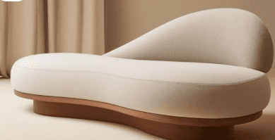 A modern, sculptural chaise lounge featuring an organic, undulating form. The main body and an integrated, flowing backrest are upholstered in a light, textured fabric, resting on a subtly curved, reddish-brown wooden base. The design emphasizes fluid lines and natural shapes. — 3D model