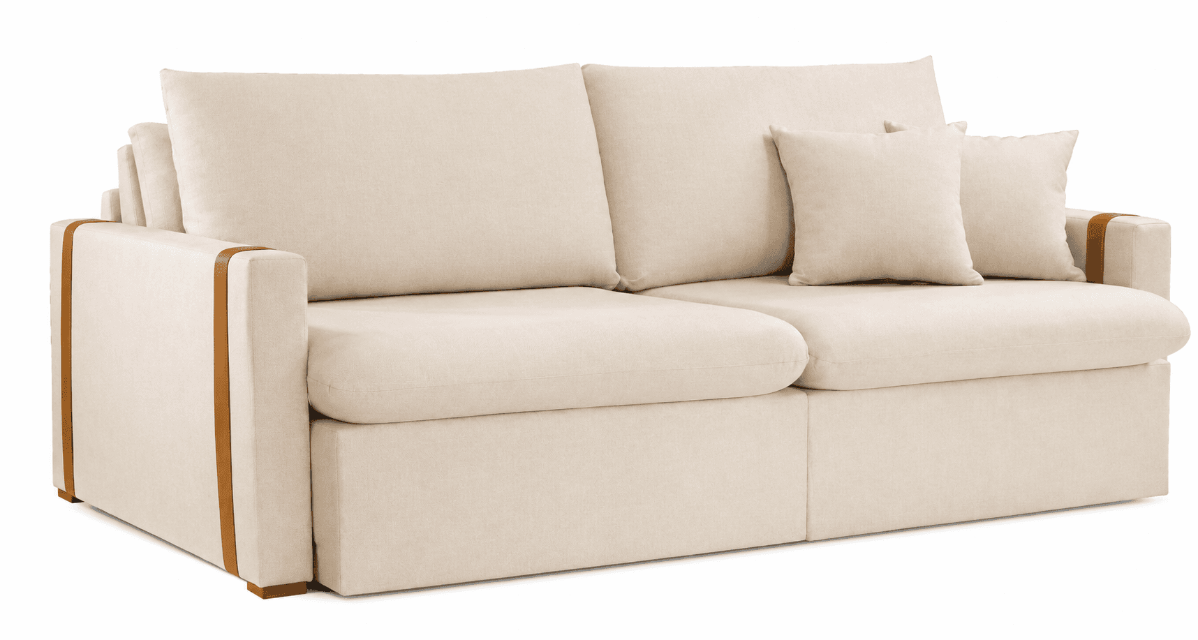 A contemporary upholstered sofa featuring a light-colored, possibly cream or off-white, fabric. It has a boxy, low-profile design with two large seat cushions and two generous back cushions, complemented by two smaller accent pillows. A distinctive design feature includes brown leather straps vertically positioned on the outer sides of the armrests. — 3D model